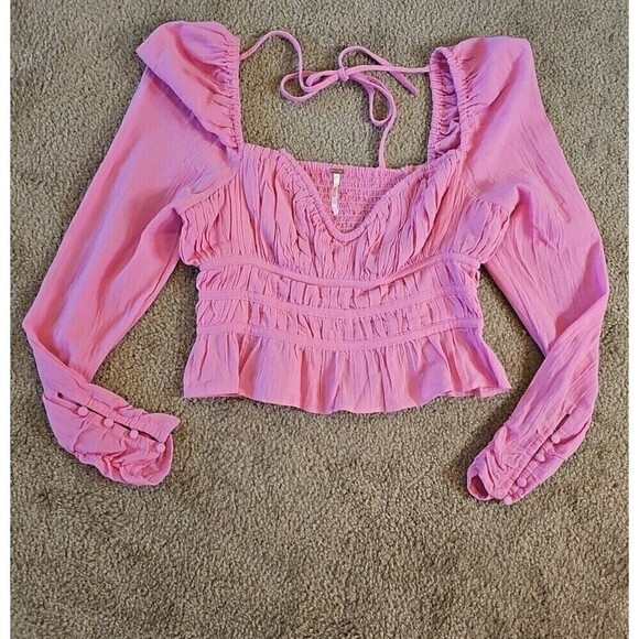 Free People Chloe Top Aurora Pink SMALL Sweetheart Neckline Smocked Back Tie $98 - Picture 3 of 9